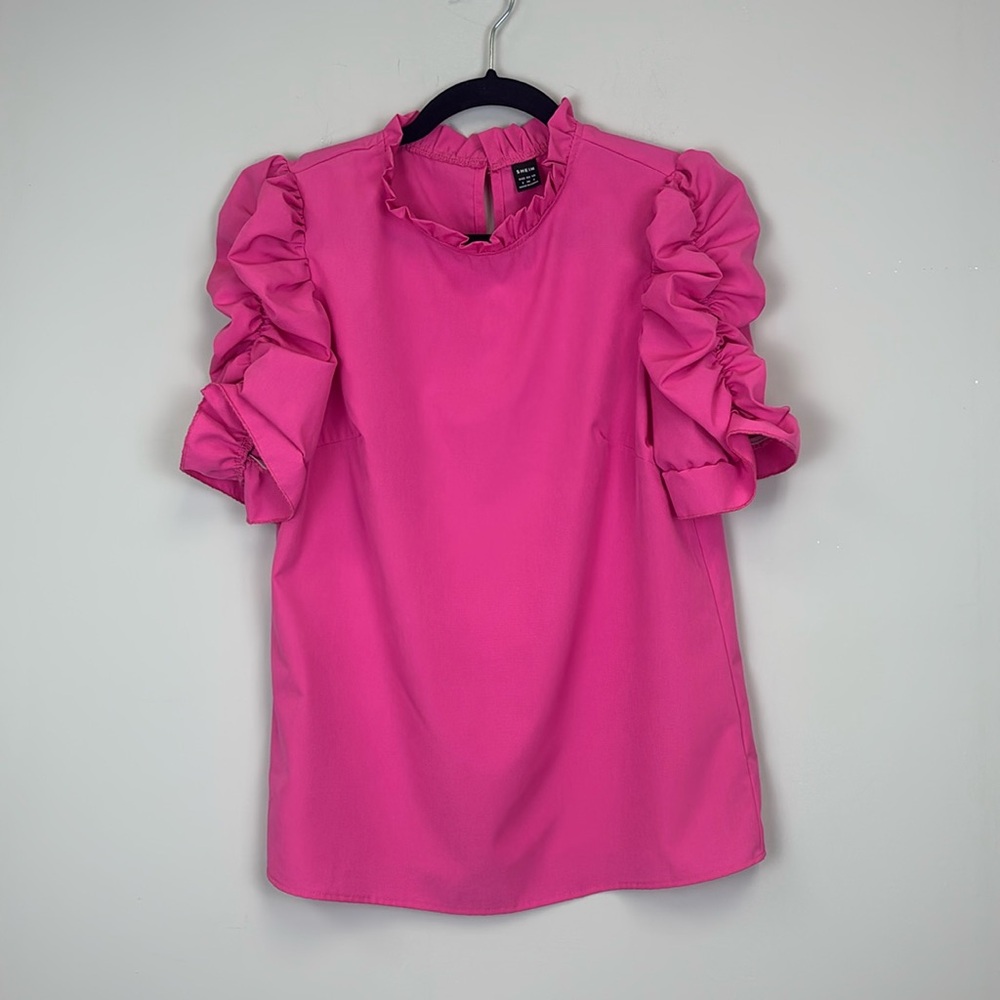 SHEIN Hot Pink Blouse Top Ruched Ruffle Sleeve Valentines Date Night Size Small